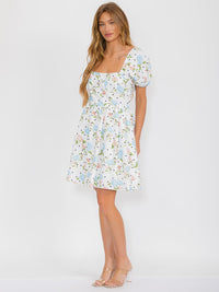 WOMEN'S SHORT PUFF SLEEVE SQUARE NECK FLORAL MINI DRESS