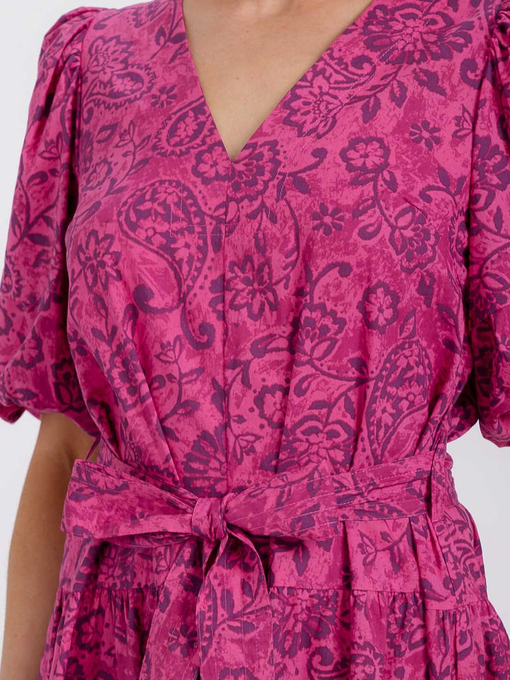 WOMEN'S SHORT PUFF SLEEVE SELF TIE V-NECK FLORAL MIDI DRESS