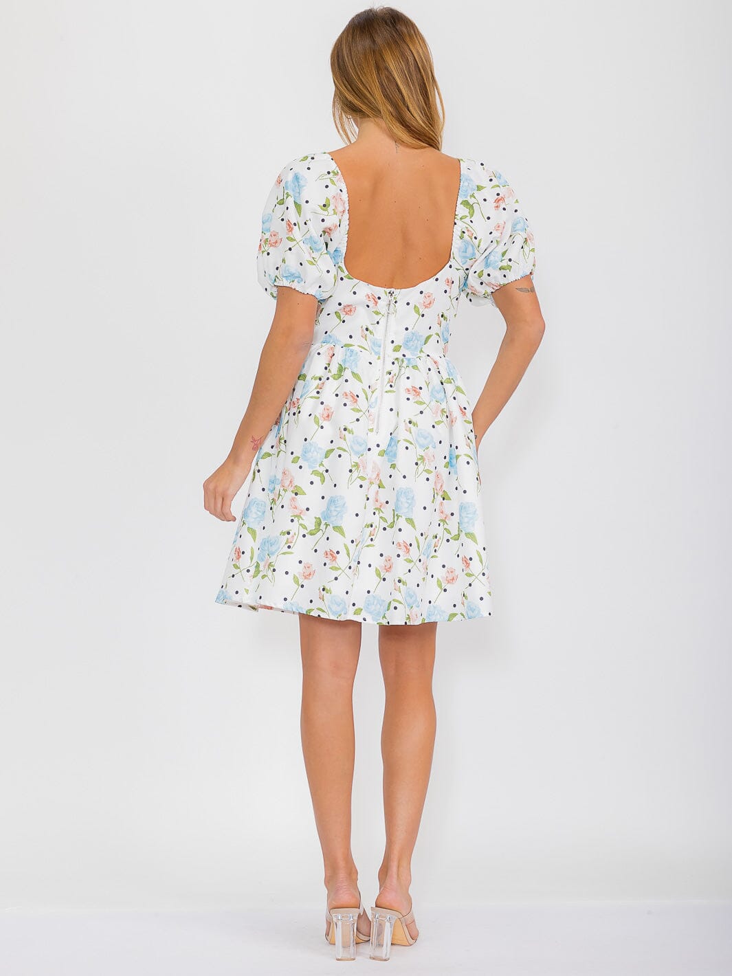 WOMEN'S SHORT PUFF SLEEVE SQUARE NECK FLORAL MINI DRESS