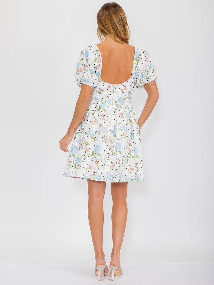 WOMEN'S SHORT PUFF SLEEVE SQUARE NECK FLORAL MINI DRESS
