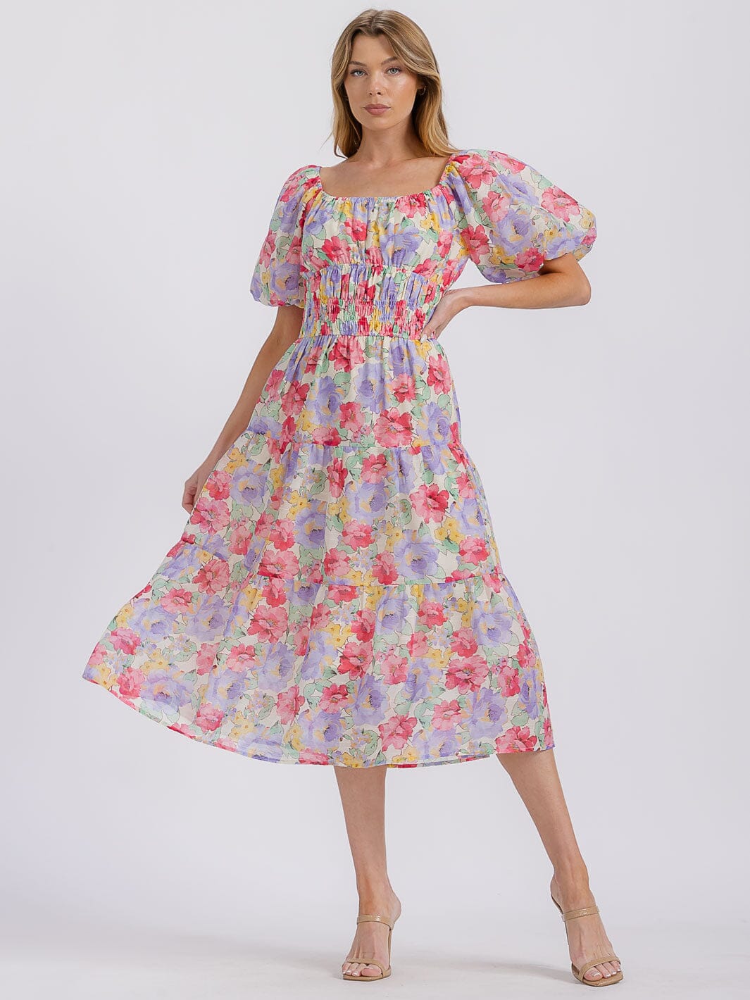 WOMEN'S SHORT PUFF SLEEVE SMOCK FLORAL MIDI DRESS