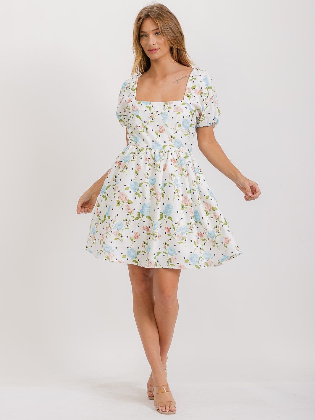 WOMEN'S SHORT PUFF SLEEVE SQUARE NECK FLORAL MINI DRESS