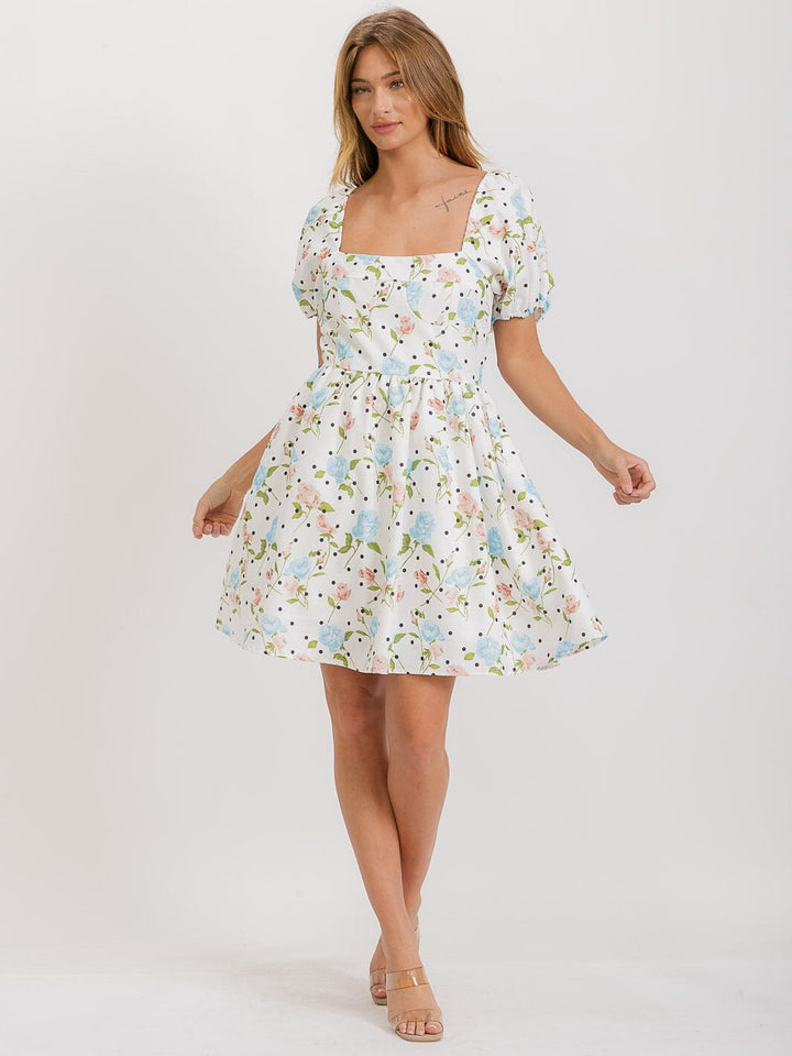 WOMEN'S SHORT PUFF SLEEVE SQUARE NECK FLORAL MINI DRESS