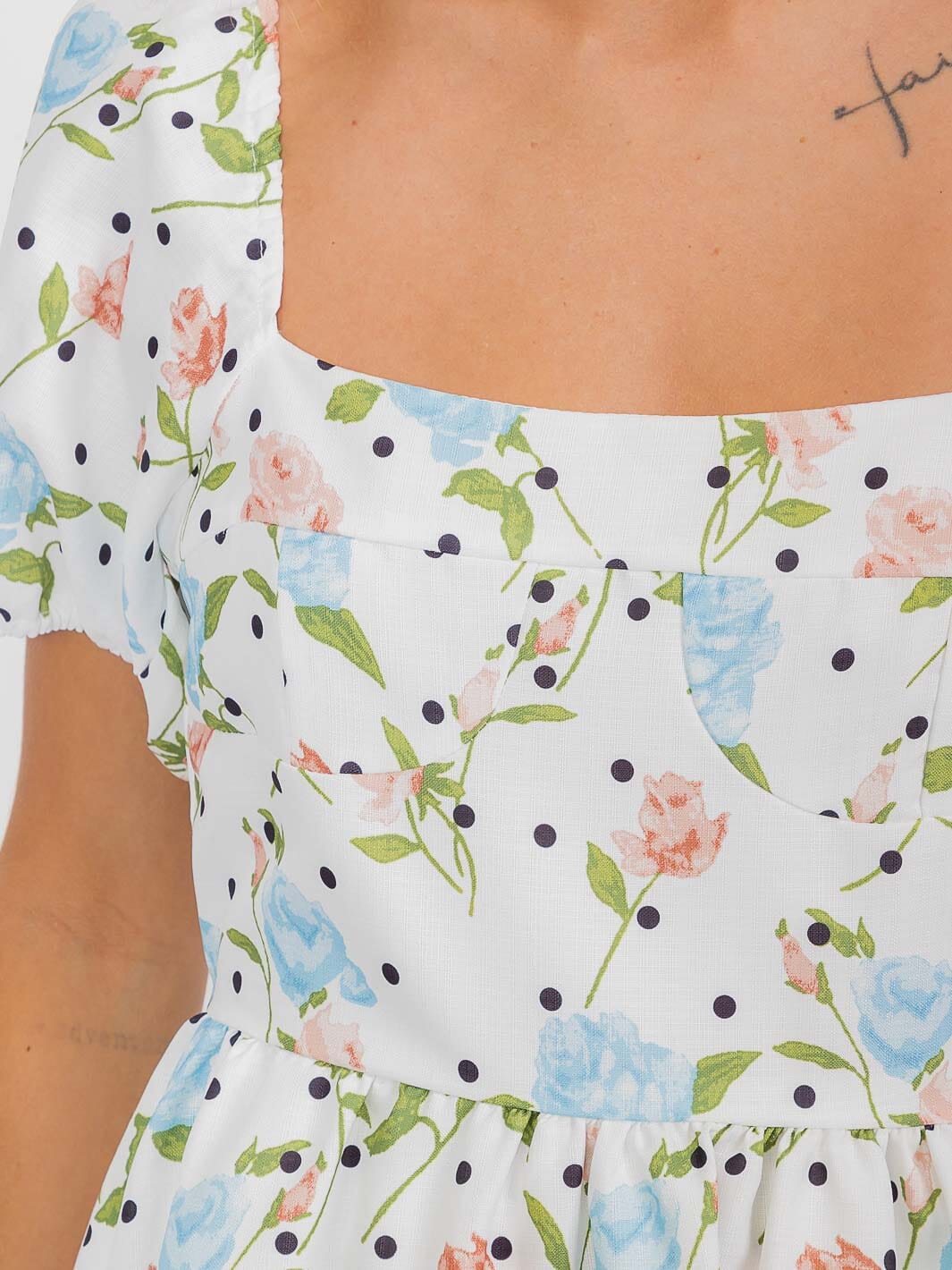 WOMEN'S SHORT PUFF SLEEVE SQUARE NECK FLORAL MINI DRESS