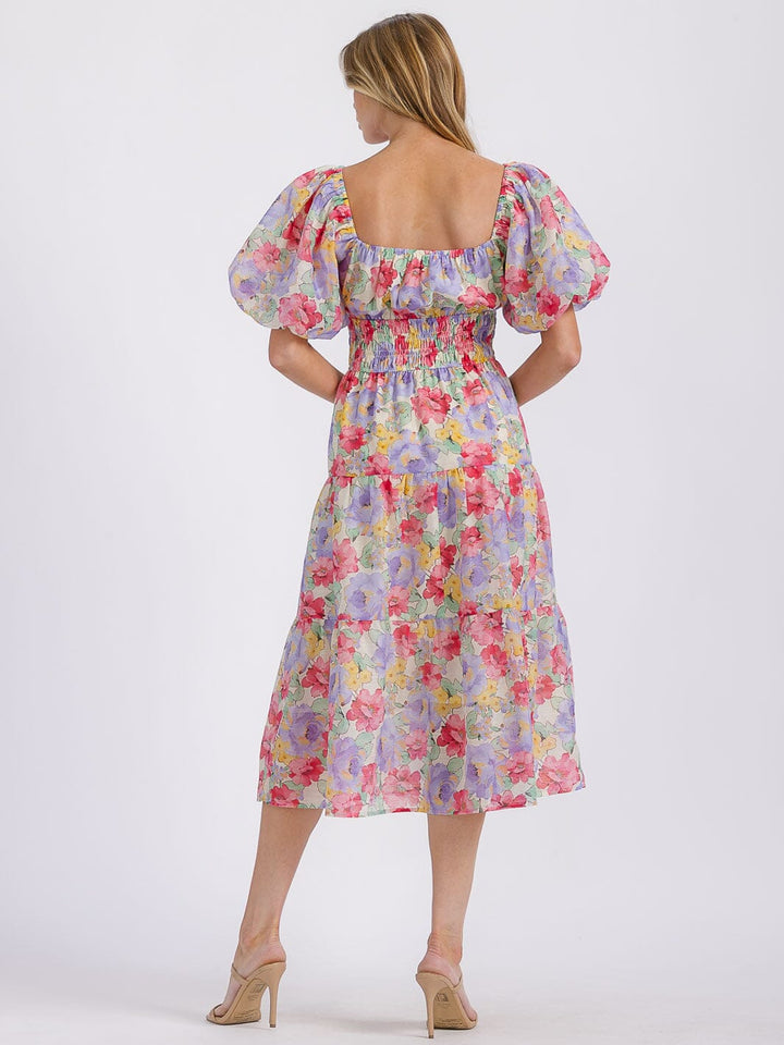 WOMEN'S SHORT PUFF SLEEVE SMOCK FLORAL MIDI DRESS