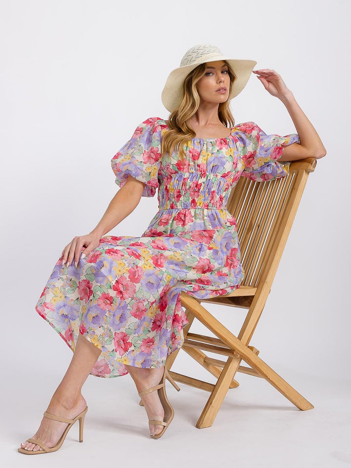 WOMEN'S SHORT PUFF SLEEVE SMOCK FLORAL MIDI DRESS