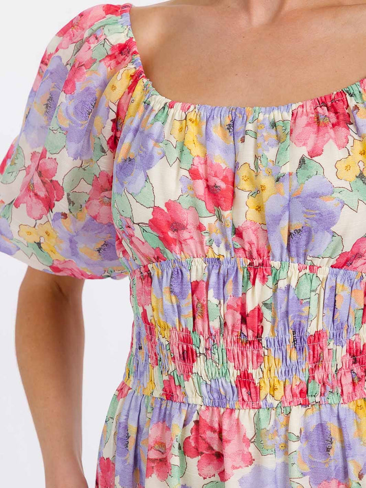 WOMEN'S SHORT PUFF SLEEVE SMOCK FLORAL MIDI DRESS