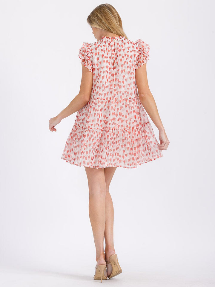 WOMEN'S RUFFLE SLEEVE MOCK NECK TIERED PRINTED TUNIC MINI DRESS