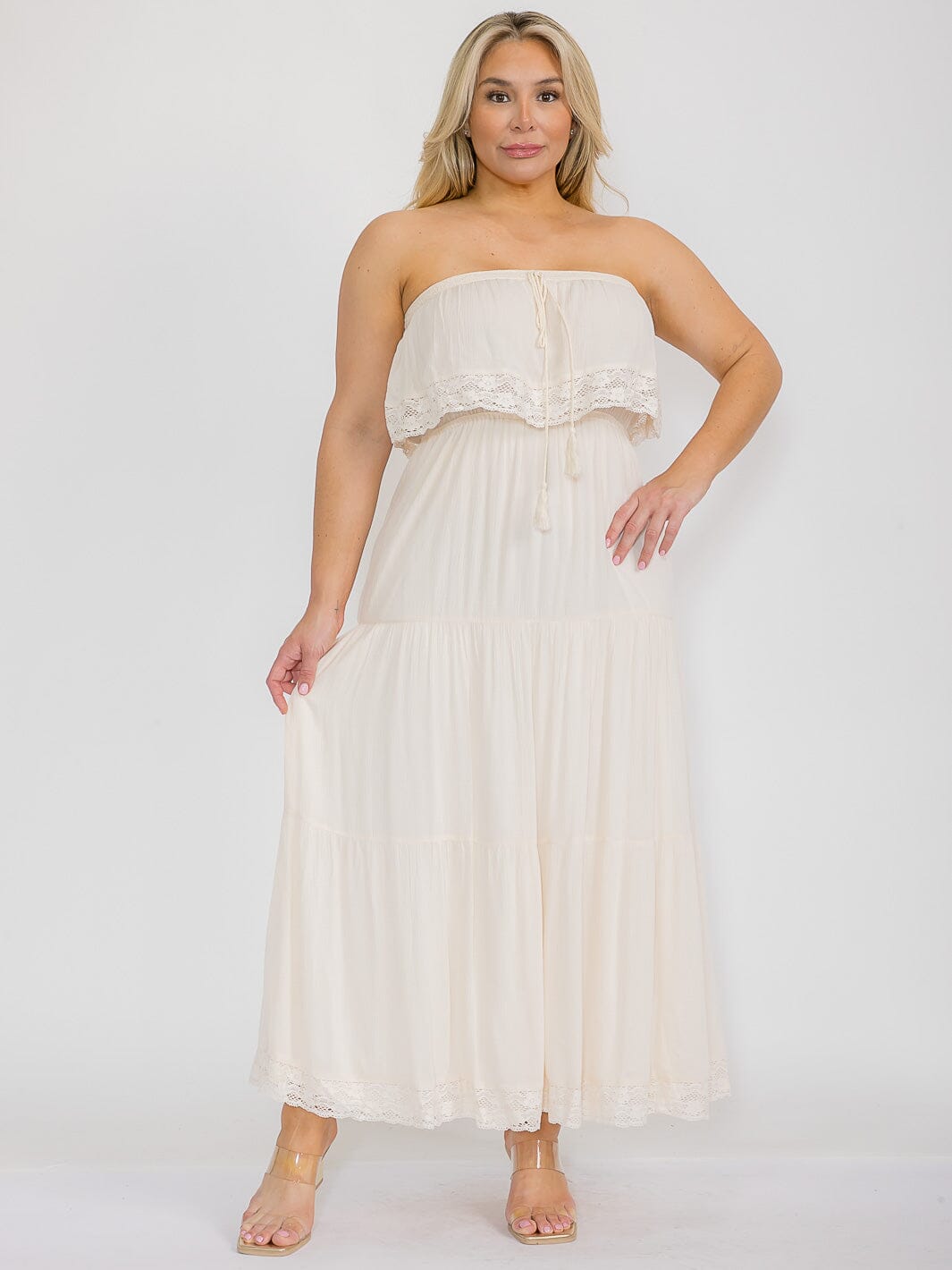 PLUS SIZE SLEEVELESS RUFFLE TRIM DETAILED ELASTIC WAIST MAXI DRESS