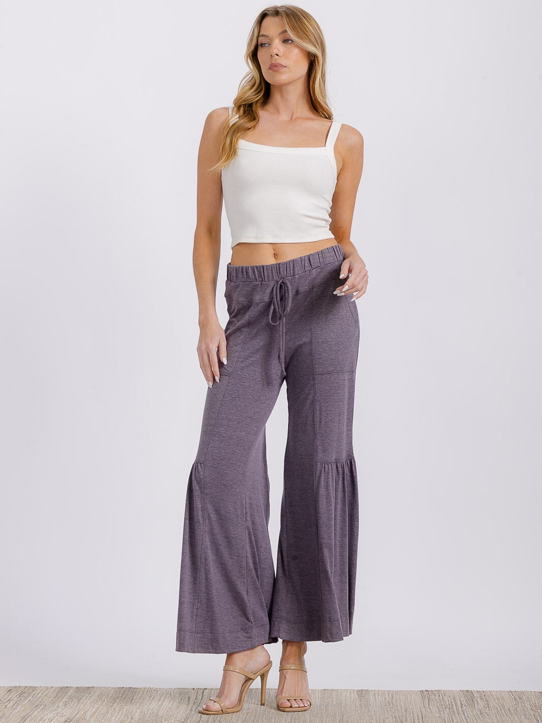 WOMEN'S ELASTIC WAIST FRONT POCKETS TIERED WIDE LEG PALAZZO PANTS