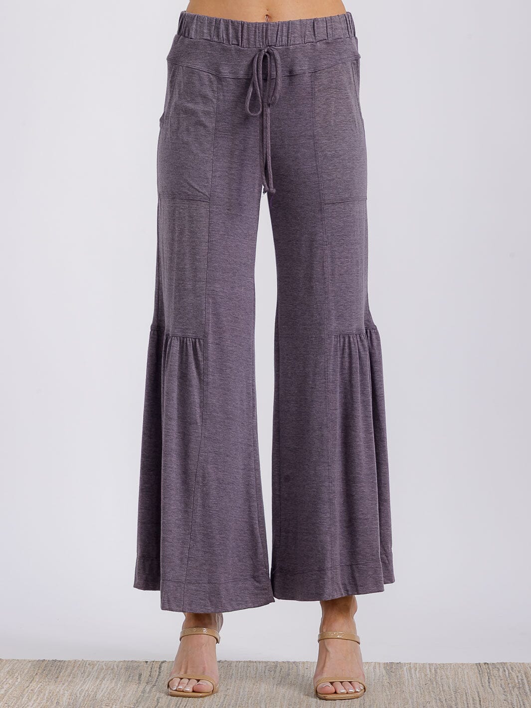 WOMEN'S ELASTIC WAIST FRONT POCKETS TIERED WIDE LEG PALAZZO PANTS