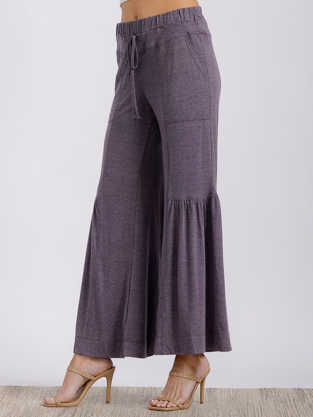 WOMEN'S ELASTIC WAIST FRONT POCKETS TIERED WIDE LEG PALAZZO PANTS