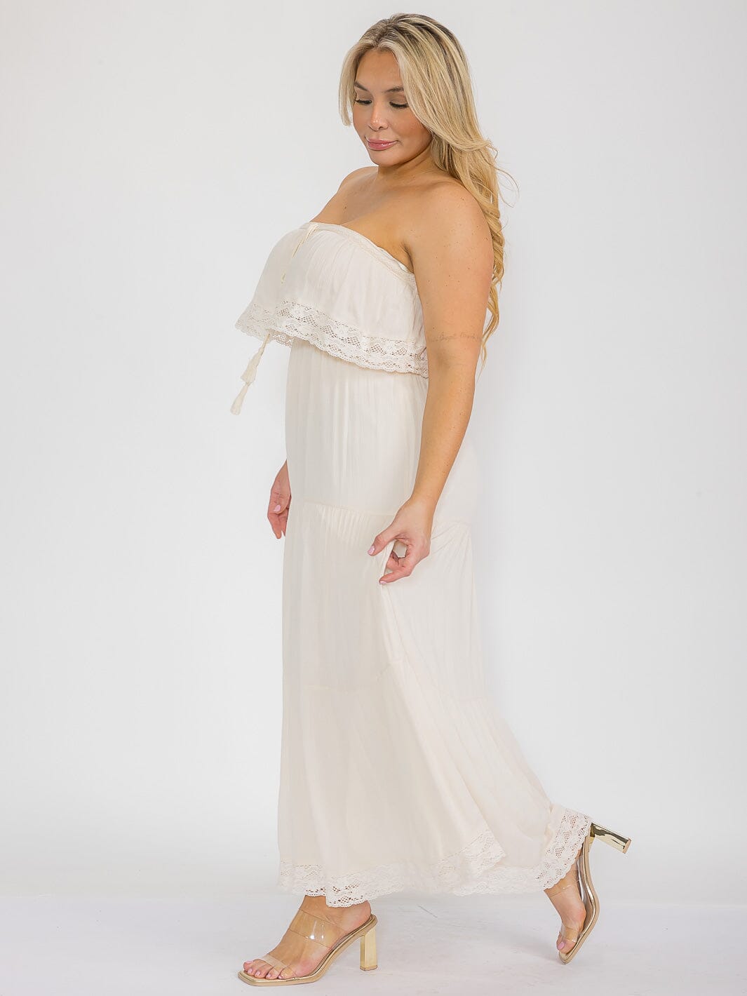 PLUS SIZE SLEEVELESS RUFFLE TRIM DETAILED ELASTIC WAIST MAXI DRESS