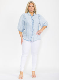 PLUS SIZE SHORT PUFF SLEEVE BUTTON UP WASHED CHAMBRAY BLOUSE