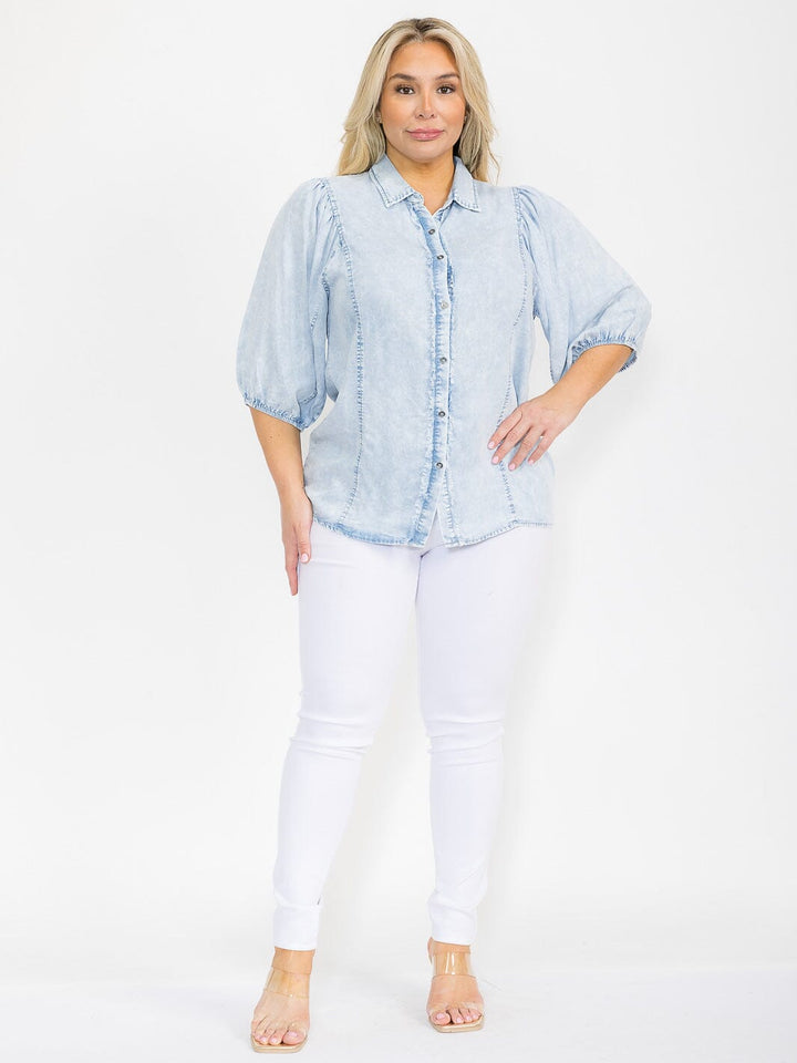 PLUS SIZE SHORT PUFF SLEEVE BUTTON UP WASHED CHAMBRAY BLOUSE