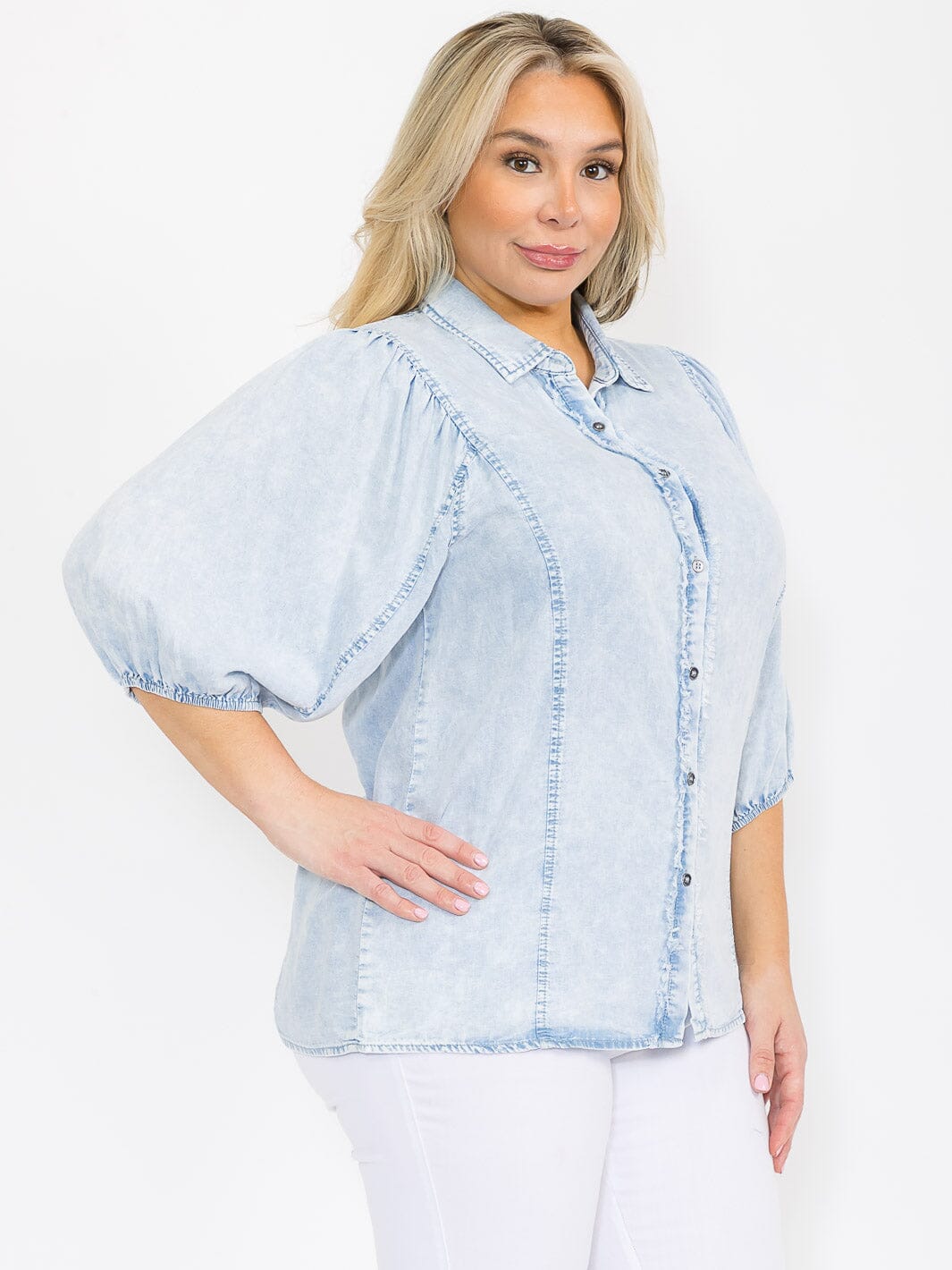 PLUS SIZE SHORT PUFF SLEEVE BUTTON UP WASHED CHAMBRAY BLOUSE