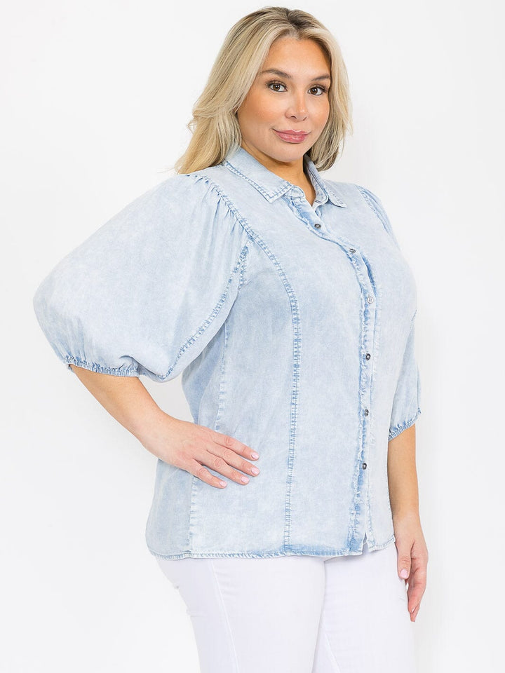 PLUS SIZE SHORT PUFF SLEEVE BUTTON UP WASHED CHAMBRAY BLOUSE