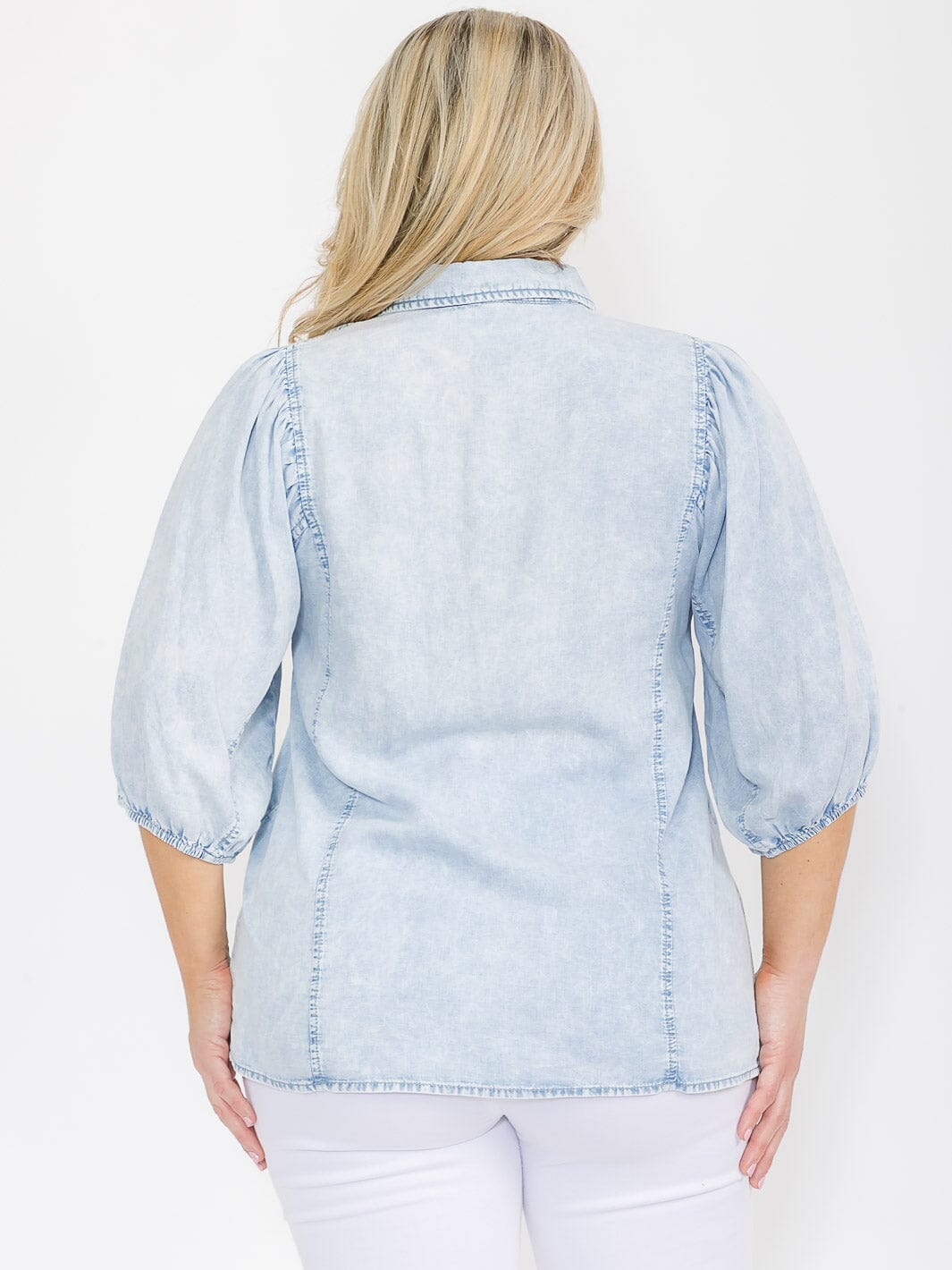 PLUS SIZE SHORT PUFF SLEEVE BUTTON UP WASHED CHAMBRAY BLOUSE