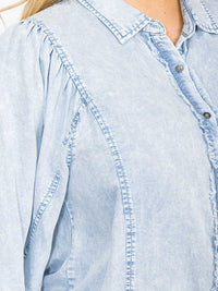 PLUS SIZE SHORT PUFF SLEEVE BUTTON UP WASHED CHAMBRAY BLOUSE