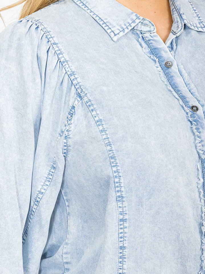 PLUS SIZE SHORT PUFF SLEEVE BUTTON UP WASHED CHAMBRAY BLOUSE