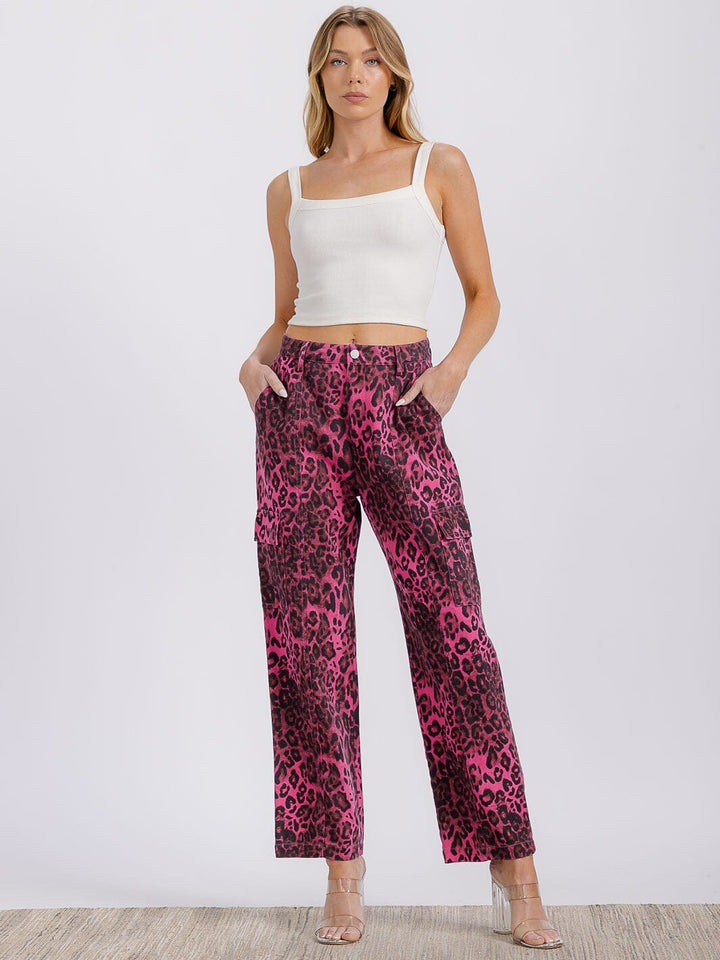 WOMEN'S BUTTON CLOSURE FRONT POCKETS ANIMAL PRINT DENIM WIDE LEG PANTS