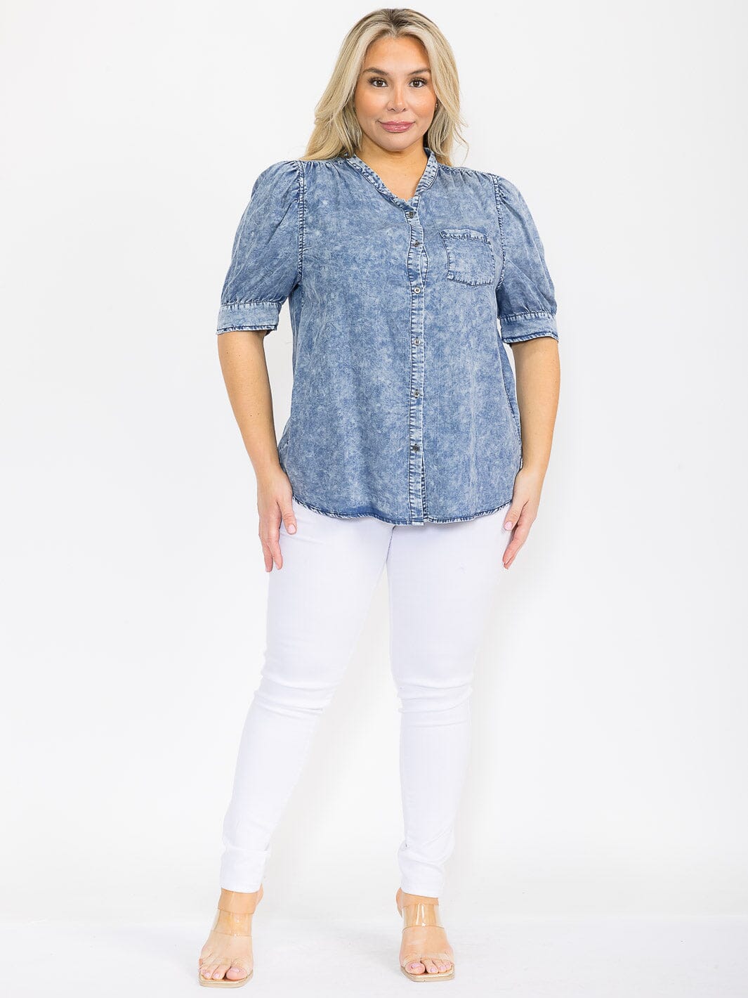 PLUS SIZE SHORT PUFF SLEEVE BUTTON UP WASHED CHAMBRAY BLOUSE