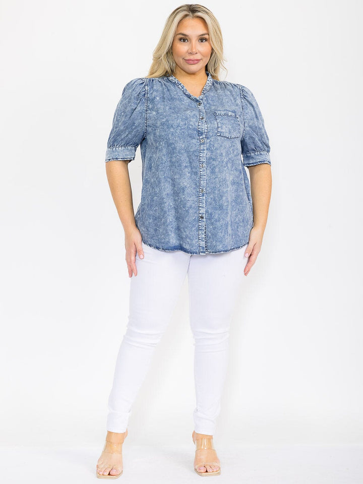 PLUS SIZE SHORT PUFF SLEEVE BUTTON UP WASHED CHAMBRAY BLOUSE