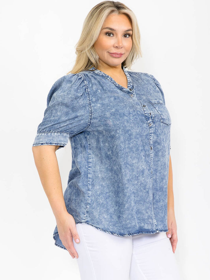 PLUS SIZE SHORT PUFF SLEEVE BUTTON UP WASHED CHAMBRAY BLOUSE