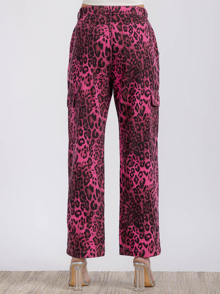 WOMEN'S BUTTON CLOSURE FRONT POCKETS ANIMAL PRINT DENIM WIDE LEG PANTS