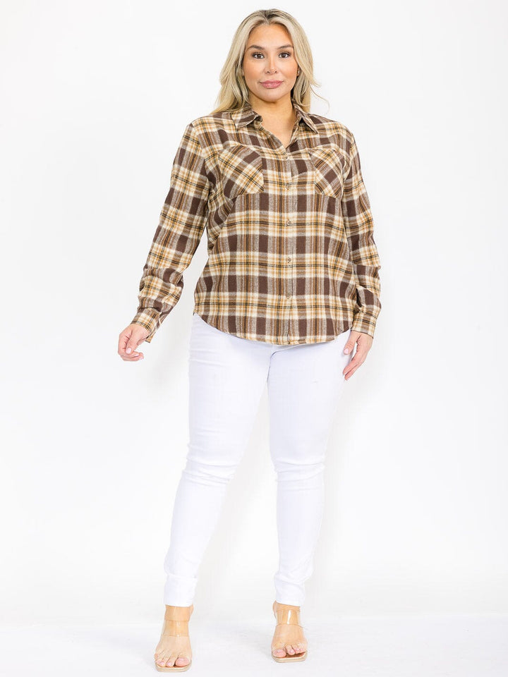 PLUS SIZE LONG SLEEVE BUTTON UP PLAID TOP