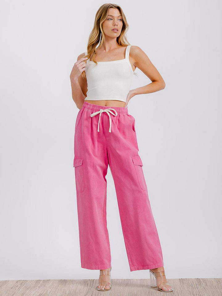 WOMEN'S ELASTIC WAIST CARGO POCKETS WIDE LEG DENIM PANTS