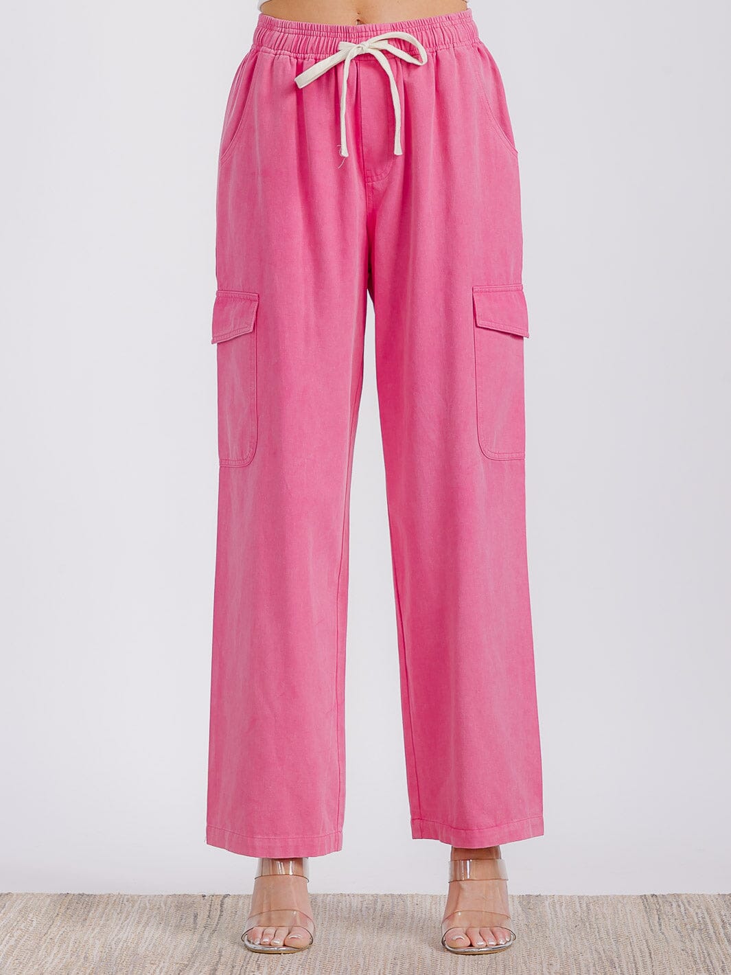 WOMEN'S ELASTIC WAIST CARGO POCKETS WIDE LEG DENIM PANTS