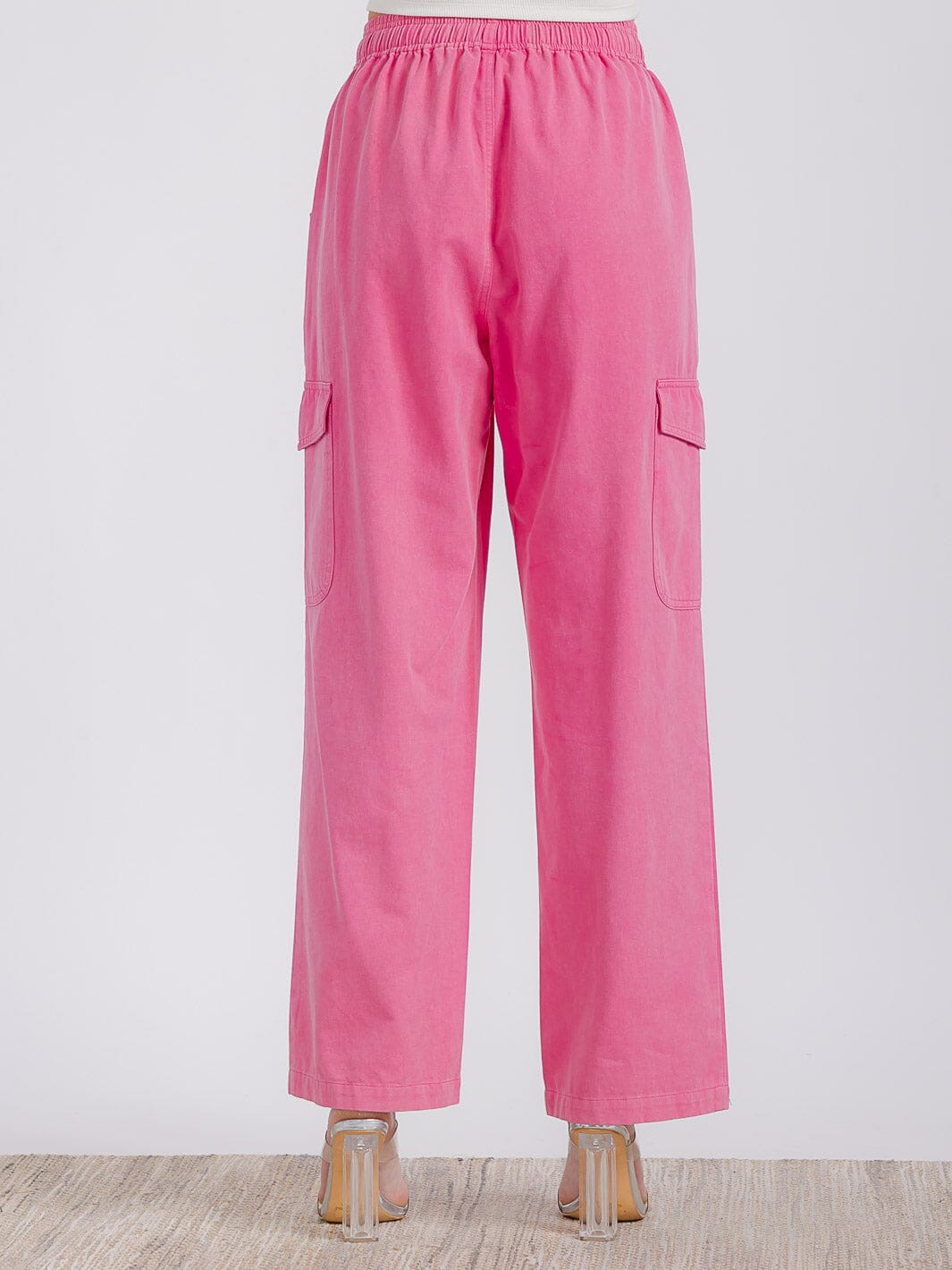 WOMEN'S ELASTIC WAIST CARGO POCKETS WIDE LEG DENIM PANTS