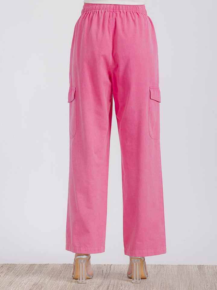 WOMEN'S ELASTIC WAIST CARGO POCKETS WIDE LEG DENIM PANTS