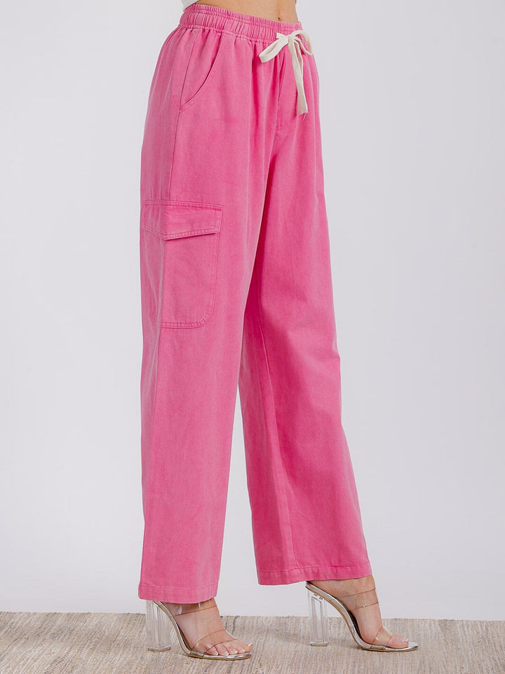 WOMEN'S ELASTIC WAIST CARGO POCKETS WIDE LEG DENIM PANTS