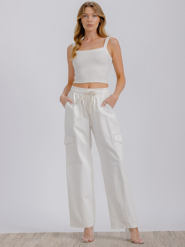 WOMEN'S ELASTIC WAIST CARGO POCKETS WIDE LEG DENIM PANTS