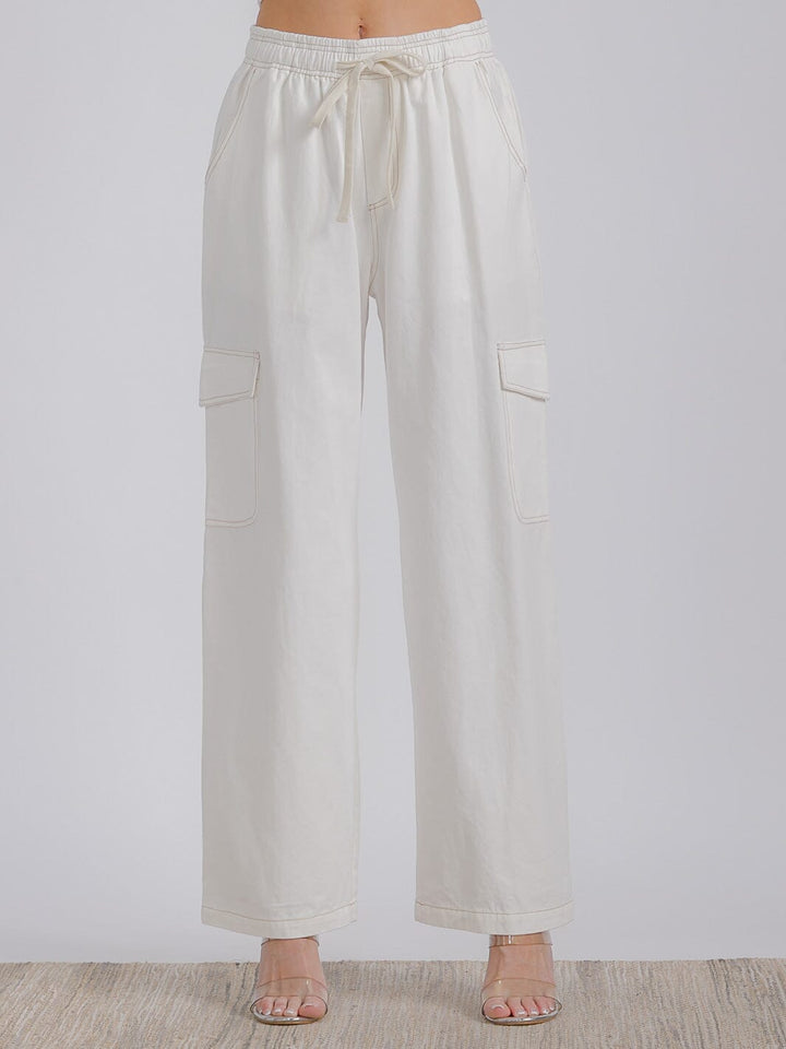 WOMEN'S ELASTIC WAIST CARGO POCKETS WIDE LEG DENIM PANTS