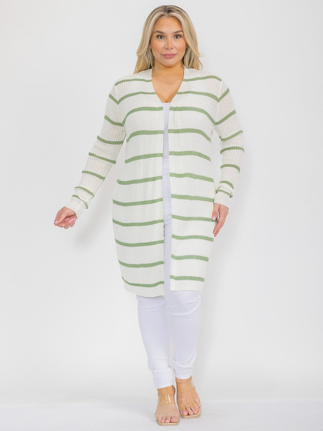 PLUS SIZE LONG SLEEVE OPEN FRONT STRIPES COLORBLOCK CARDIGAN