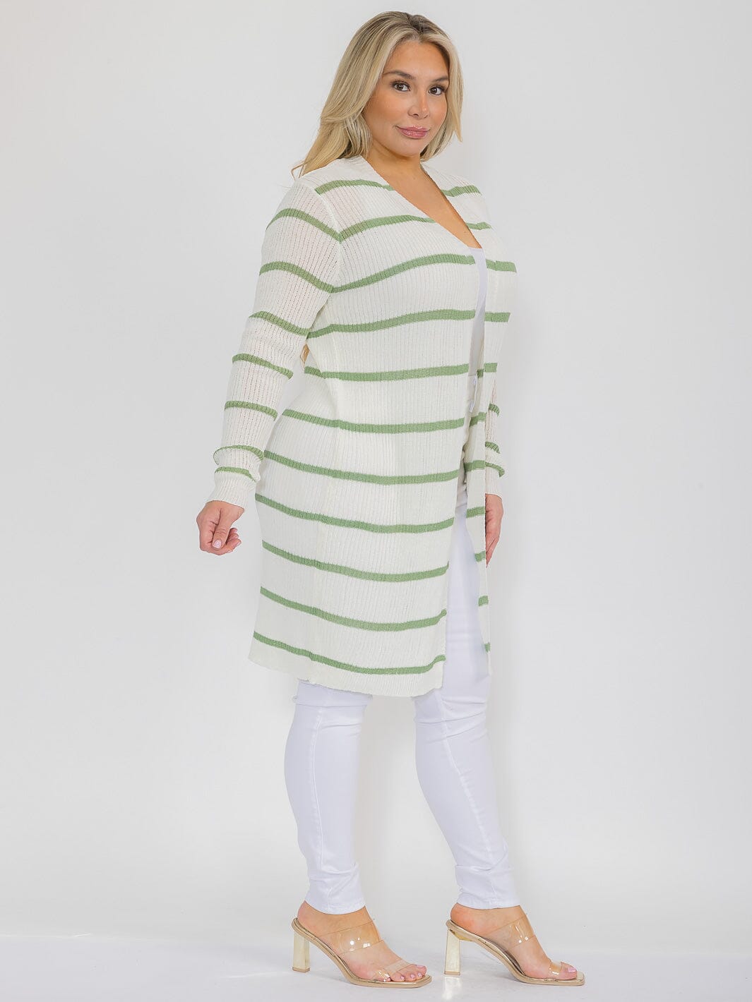 PLUS SIZE LONG SLEEVE OPEN FRONT STRIPES COLORBLOCK CARDIGAN