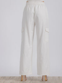 WOMEN'S ELASTIC WAIST CARGO POCKETS WIDE LEG DENIM PANTS