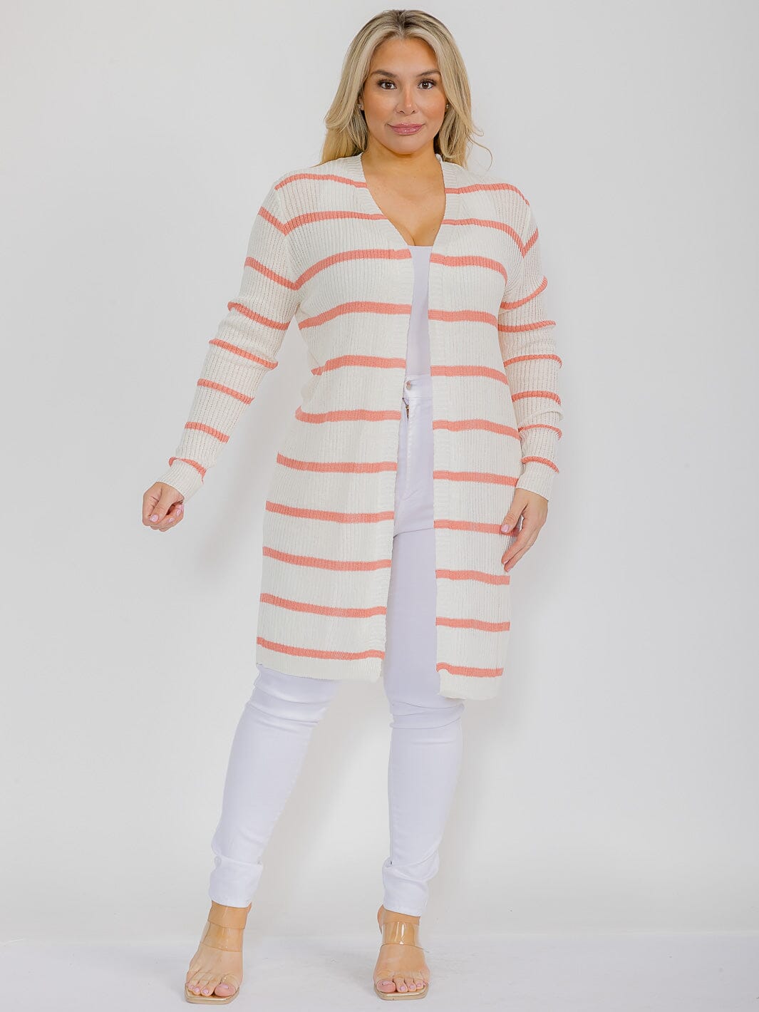 PLUS SIZE LONG SLEEVE OPEN FRONT STRIPES COLORBLOCK CARDIGAN