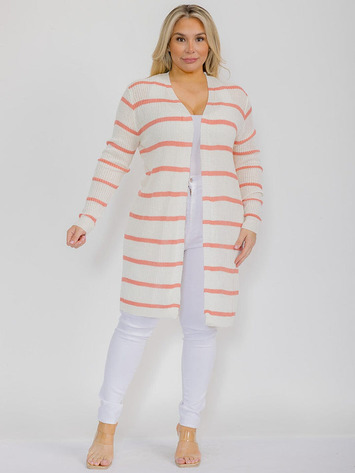 PLUS SIZE LONG SLEEVE OPEN FRONT STRIPES COLORBLOCK CARDIGAN