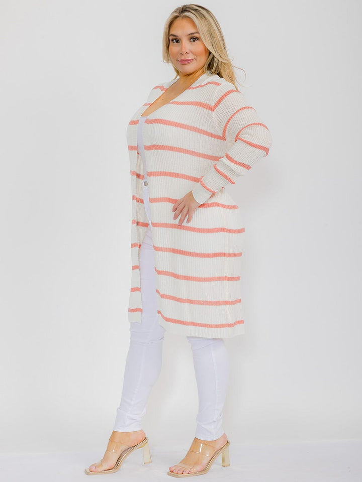 PLUS SIZE LONG SLEEVE OPEN FRONT STRIPES COLORBLOCK CARDIGAN