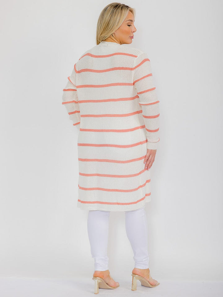 PLUS SIZE LONG SLEEVE OPEN FRONT STRIPES COLORBLOCK CARDIGAN