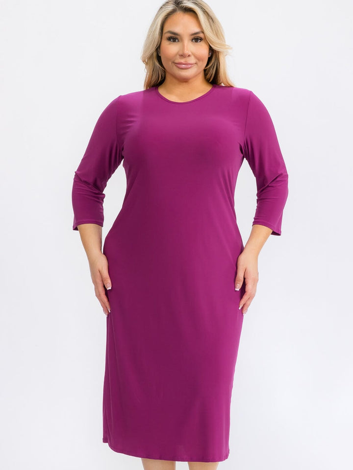 PLUS SIZE 3/4 SLEEVES SOLID MIDI DRESS