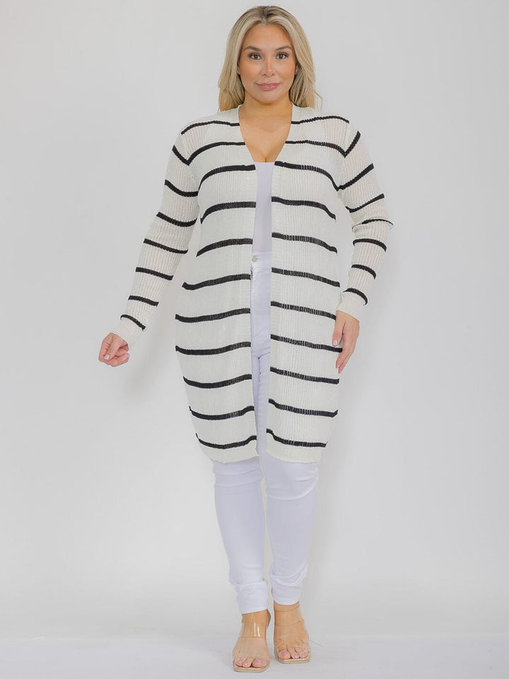 PLUS SIZE LONG SLEEVE OPEN FRONT STRIPES COLORBLOCK CARDIGAN
