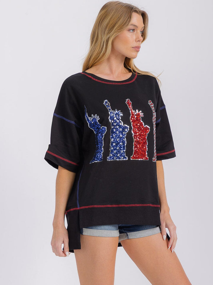 WOMEN'S SHORT SLEEVE HIGH-LOW PATRIOTIC PRINT SHIRT