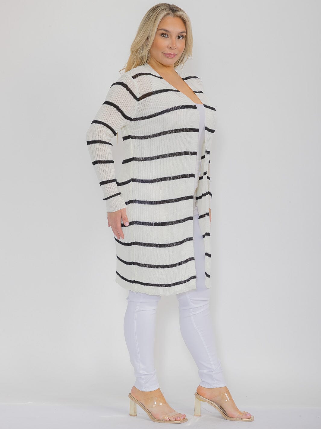 PLUS SIZE LONG SLEEVE OPEN FRONT STRIPES COLORBLOCK CARDIGAN