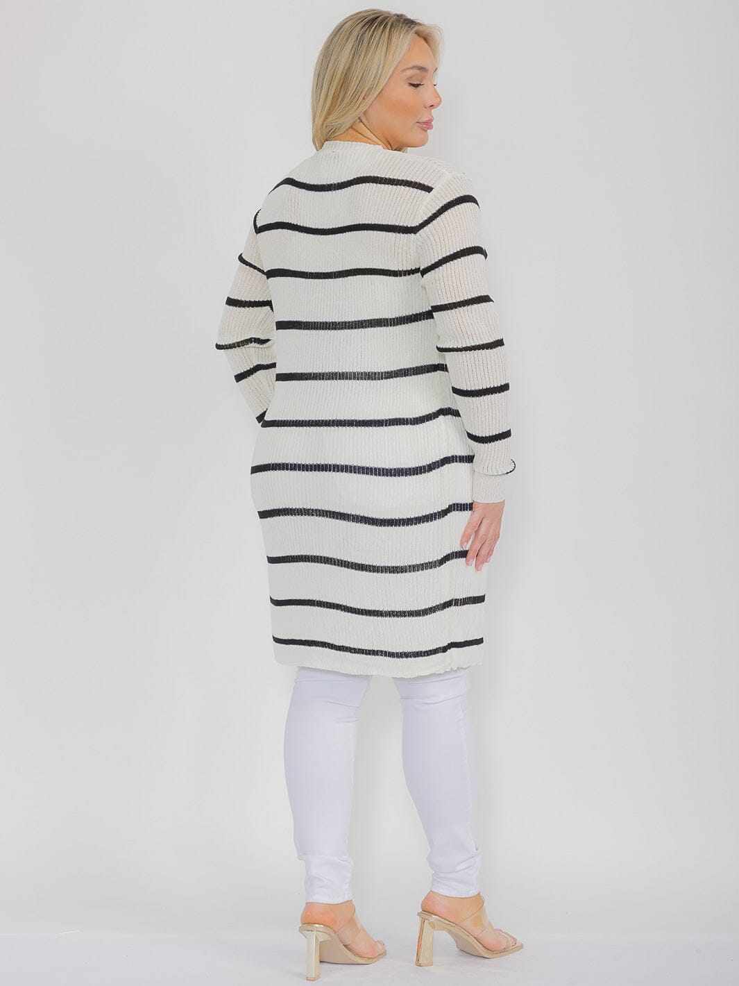 PLUS SIZE LONG SLEEVE OPEN FRONT STRIPES COLORBLOCK CARDIGAN