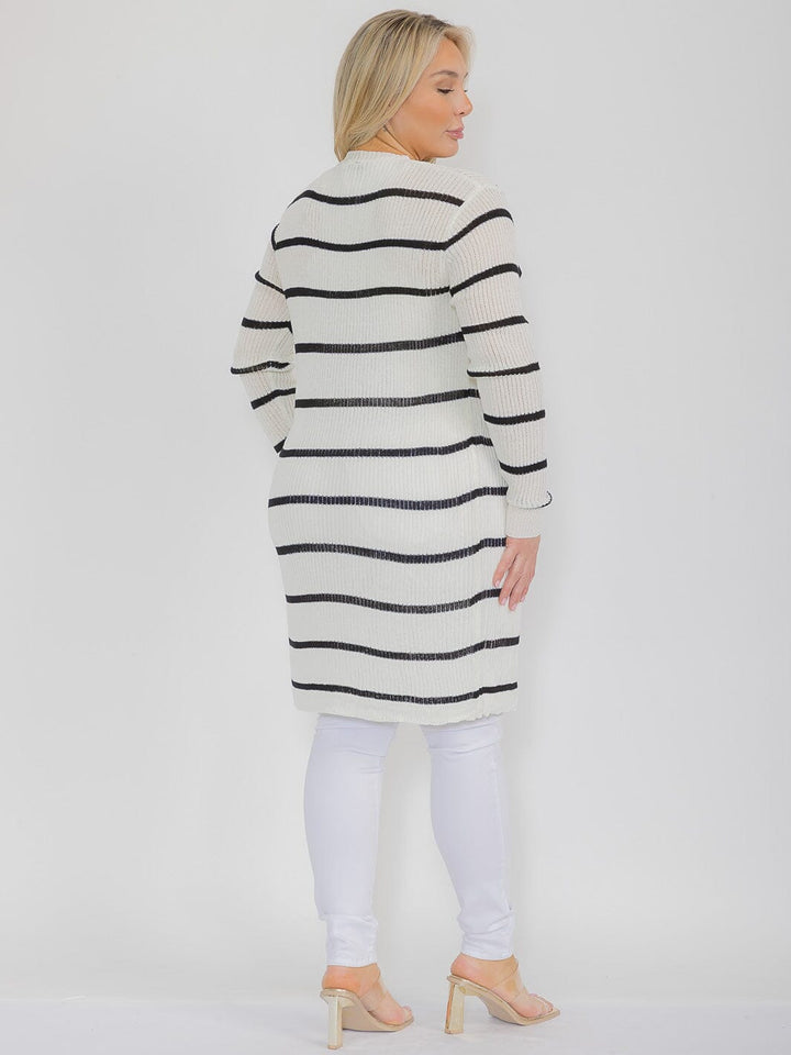PLUS SIZE LONG SLEEVE OPEN FRONT STRIPES COLORBLOCK CARDIGAN